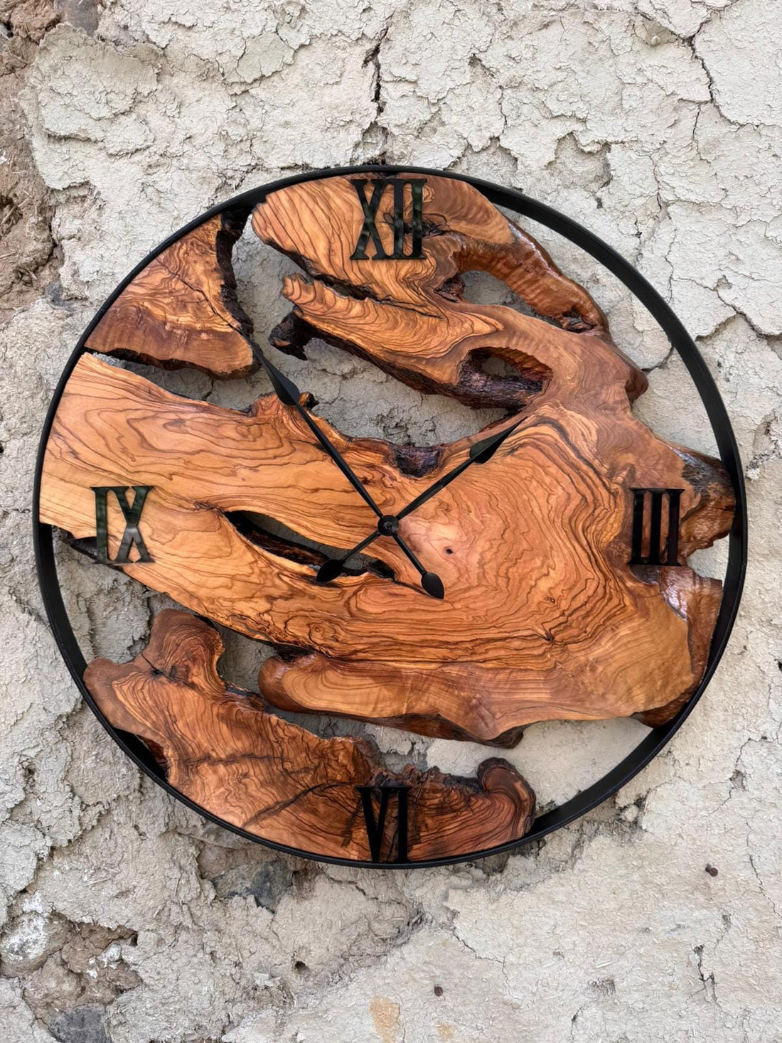 Olive wood clock with black metal frame