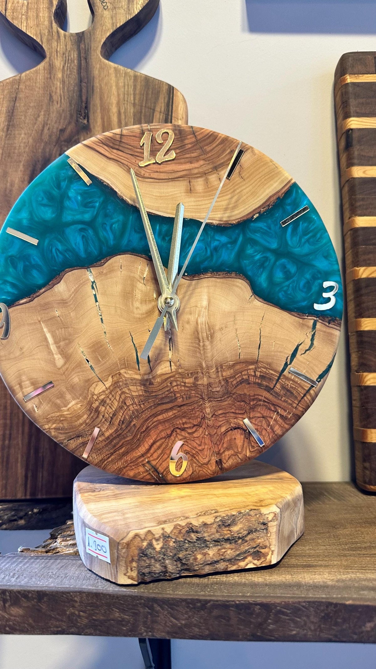 Handmade Olive Wood Desk Clock, Blue Epoxy Resin, Rustic Decor