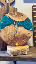 Handmade Olive Wood Desk Clock, Blue Epoxy Resin, Rustic Decor