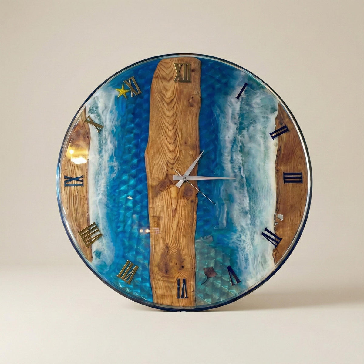 Ocean Resin Wood Wall Clock, Live Edge Beach Wave Art