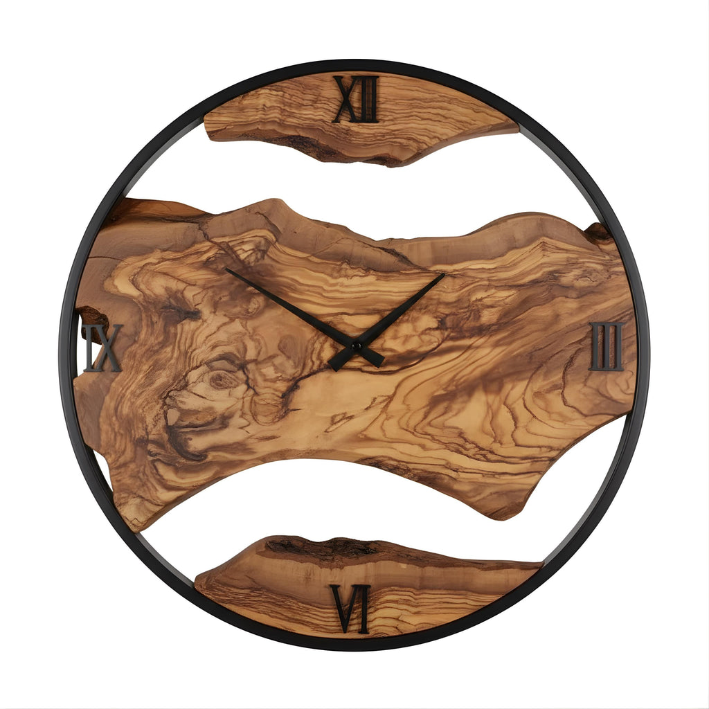 Rustic Olive Wood & Metal Wall Clock – Handmade Home Décor, Unique Housewarming Gift