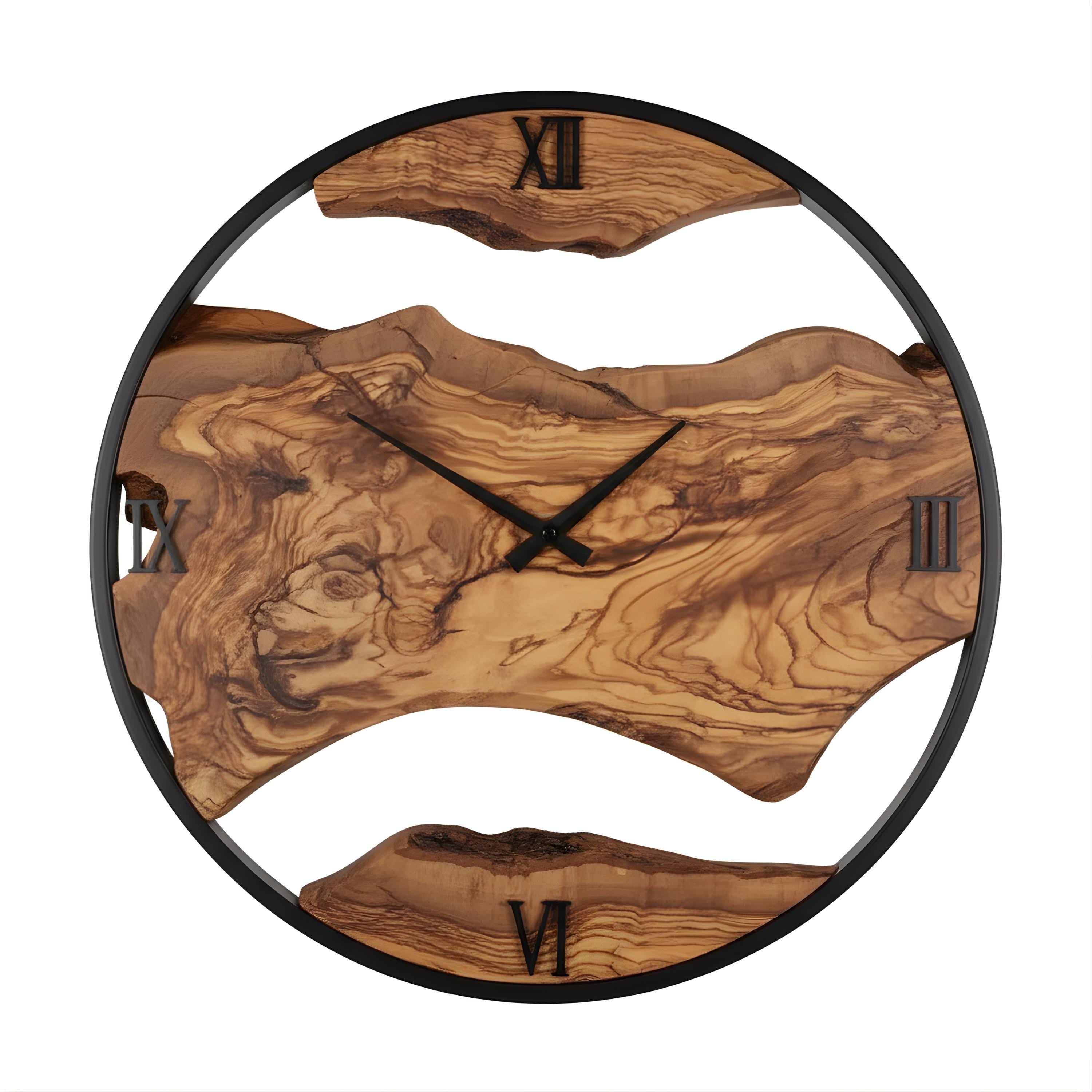 Rustic Olive Wood & Metal Wall Clock – Handmade Home Décor, Unique Housewarming Gift
