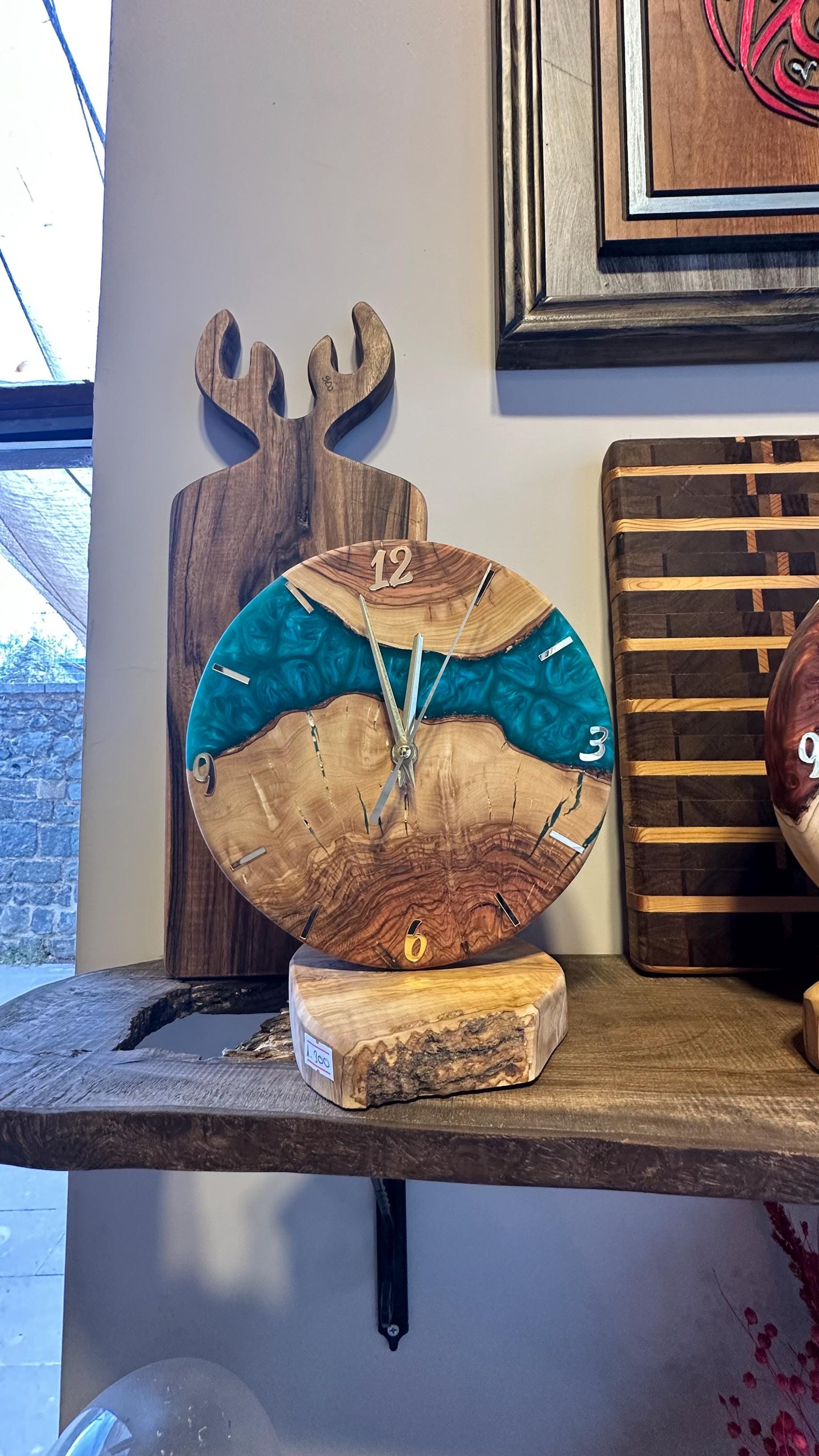 Handmade Olive Wood Desk Clock, Blue Epoxy Resin, Rustic Decor