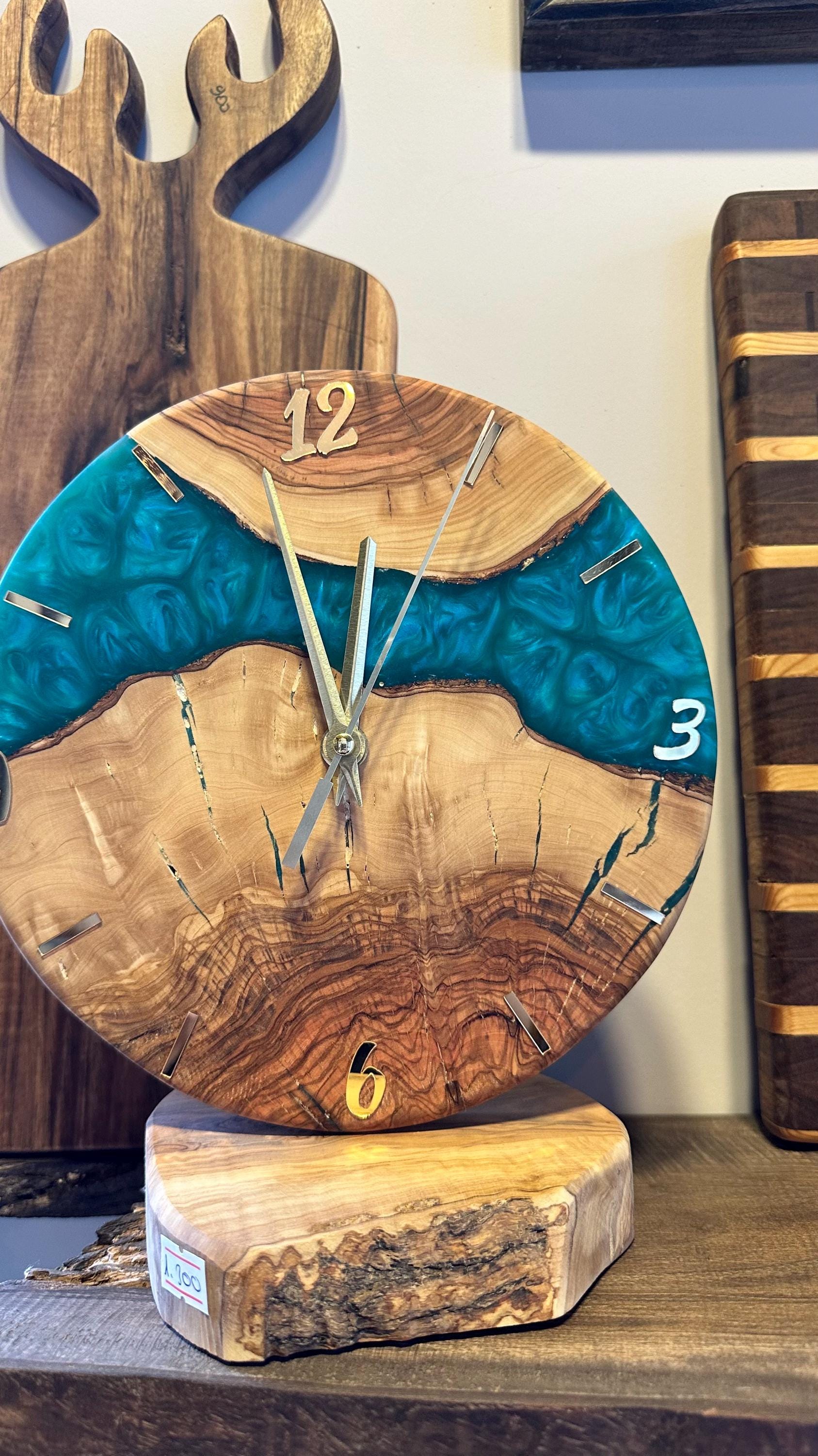 Handmade Olive Wood Desk Clock, Blue Epoxy Resin, Rustic Decor