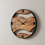 Rustic Olive Wood & Metal Wall Clock – Handmade Home Décor, Unique Housewarming Gift