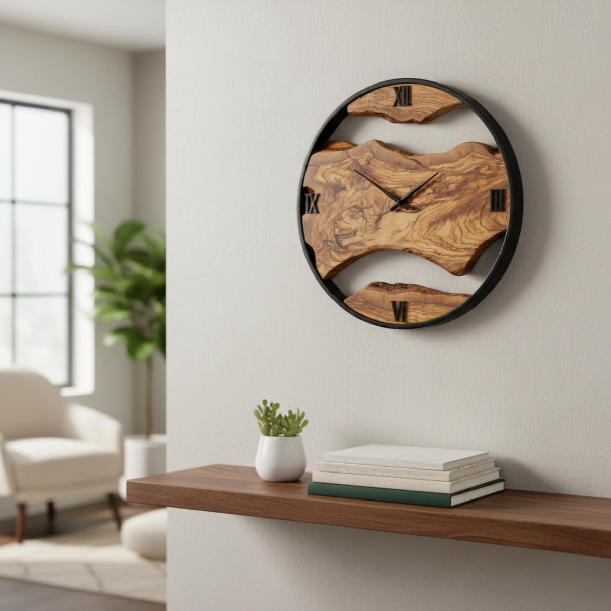 Rustic Olive Wood & Metal Wall Clock – Handmade Home Décor, Unique Housewarming Gift