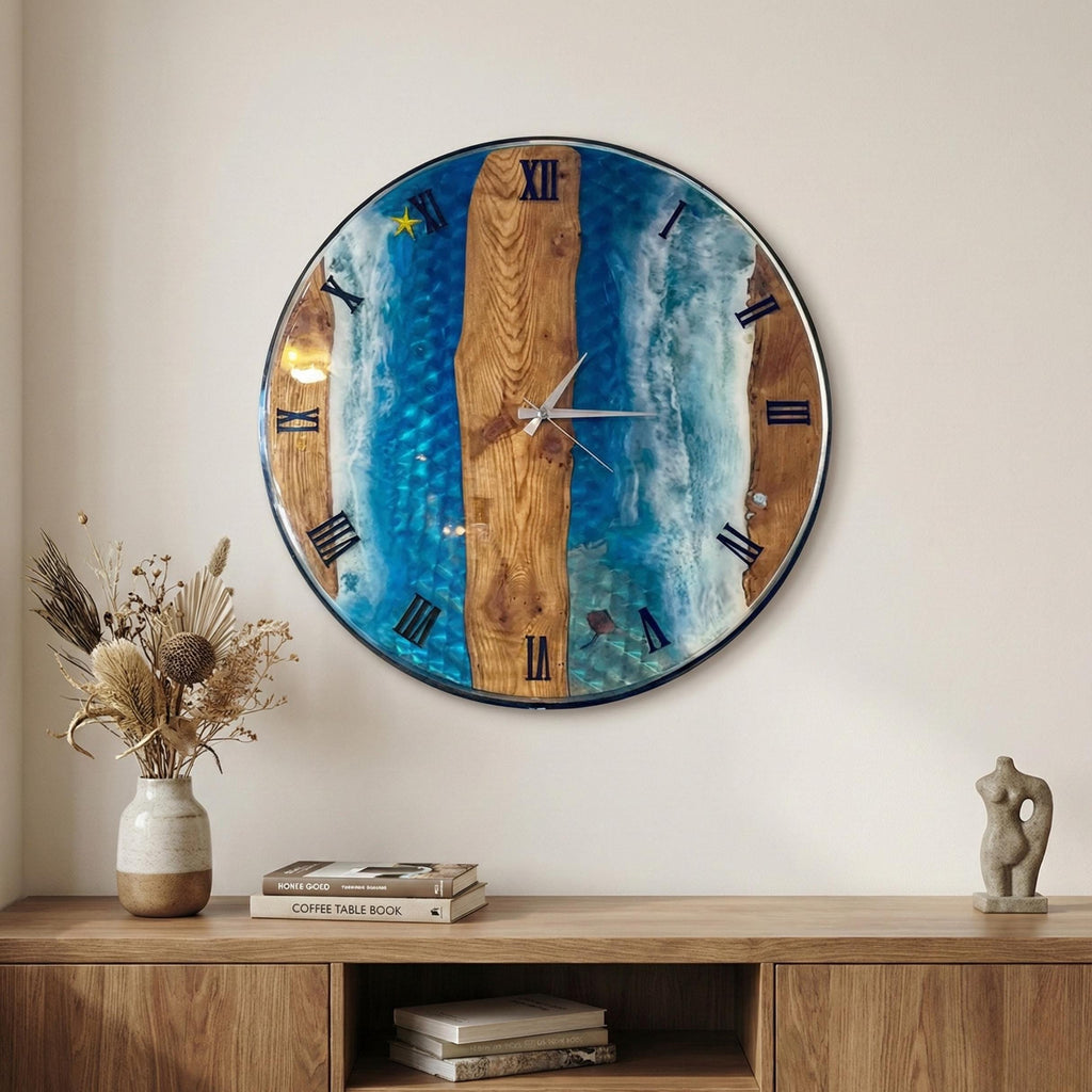 Ocean Resin Wood Wall Clock, Live Edge Beach Wave Art