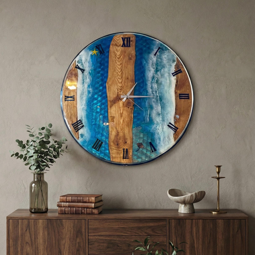 Ocean Resin Wood Wall Clock, Live Edge Beach Wave Art