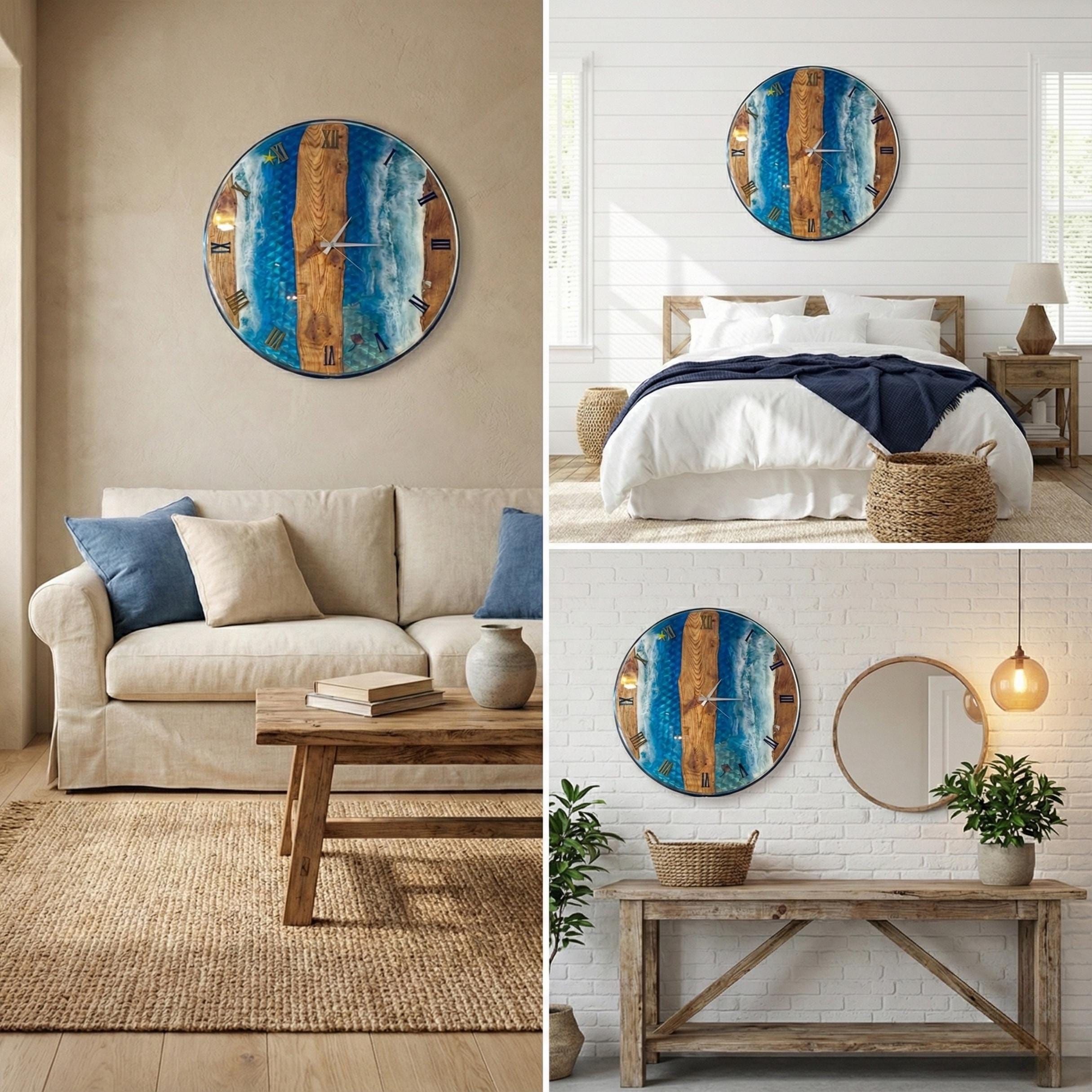 Ocean Resin Wood Wall Clock, Live Edge Beach Wave Art
