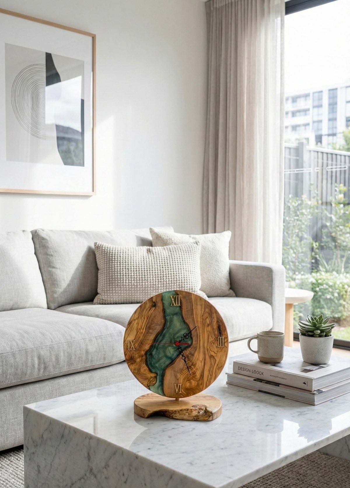 Handmade Olive Wood Epoxy Resin Desk Clock, Rustic Roman Numeral Timepiece
