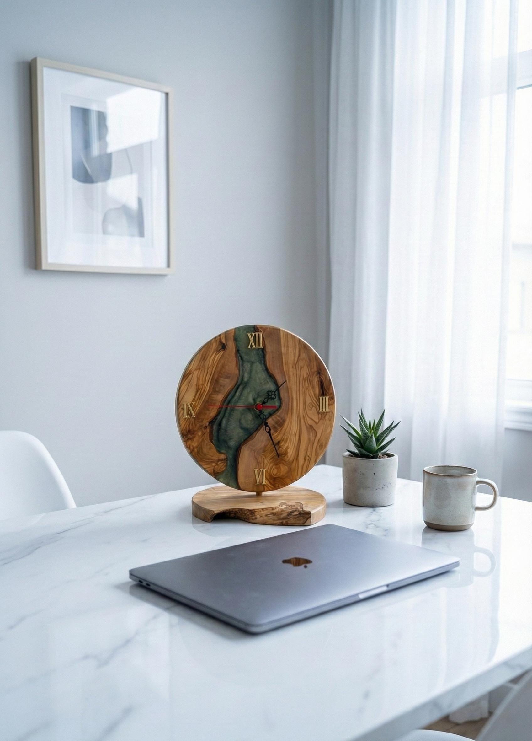 Handmade Olive Wood Epoxy Resin Desk Clock, Rustic Roman Numeral Timepiece
