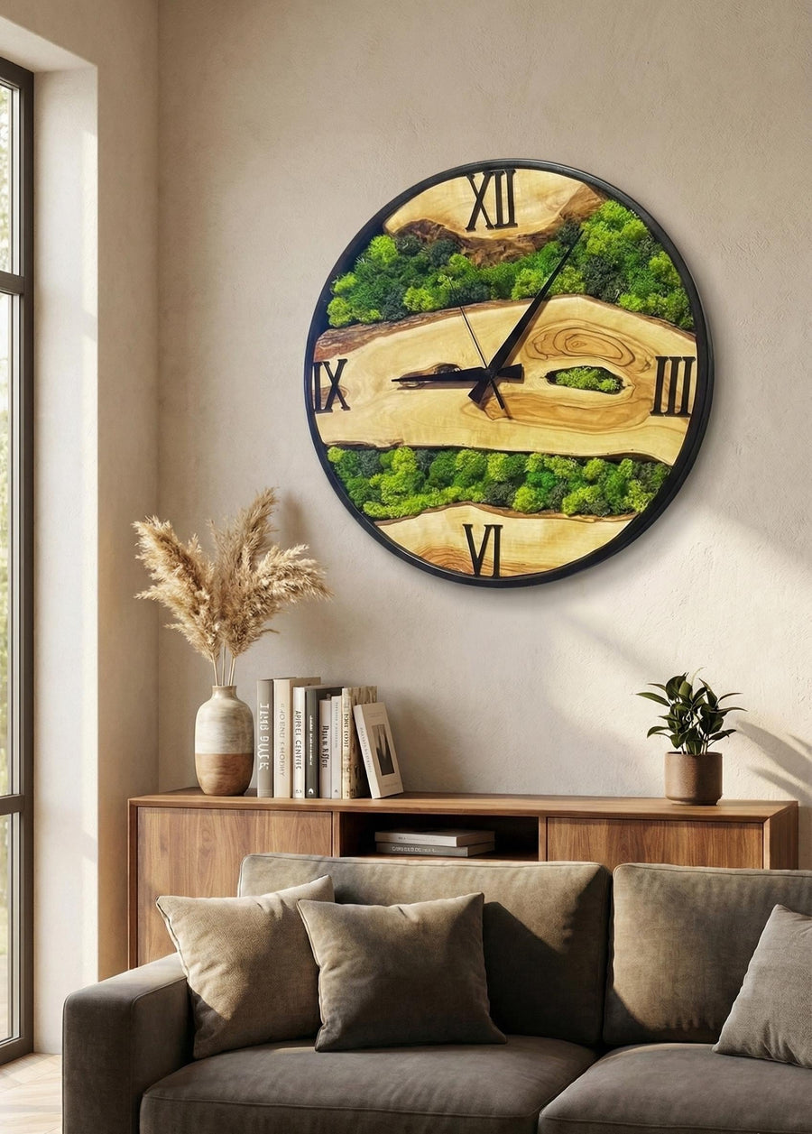 Handmade Olive Wood & Moss Wall Clock – Rustic Modern Decor