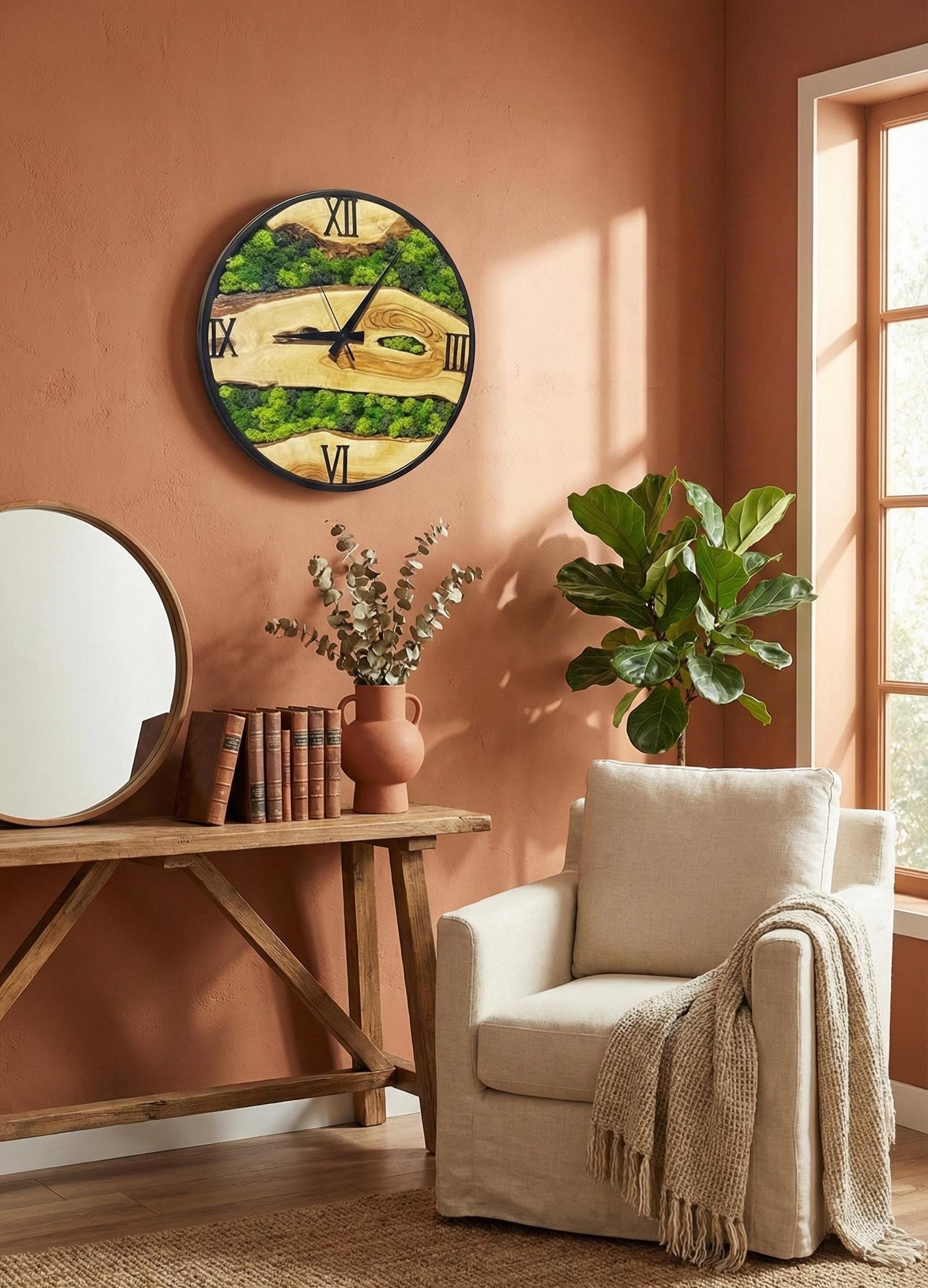 Handmade Olive Wood & Moss Wall Clock – Rustic Modern Decor