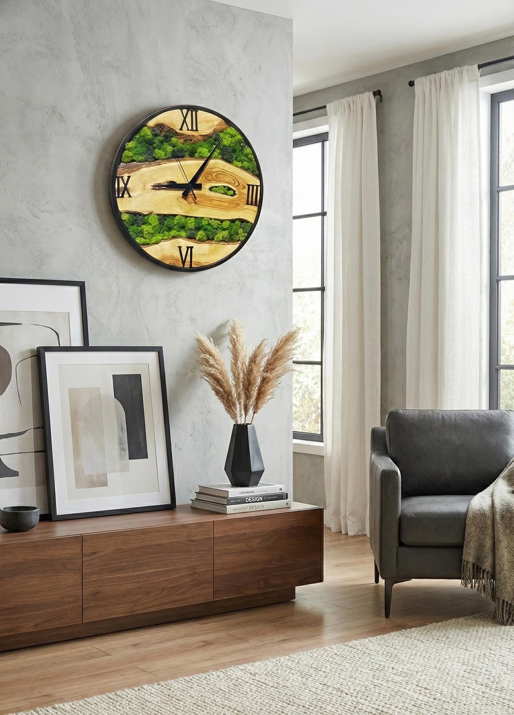Handmade Olive Wood & Moss Wall Clock – Rustic Modern Decor