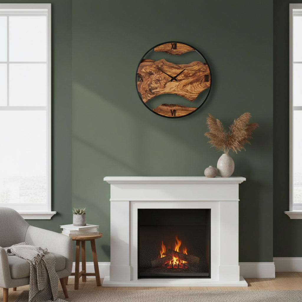 Rustic Olive Wood & Metal Wall Clock – Handmade Home Décor, Unique Housewarming Gift