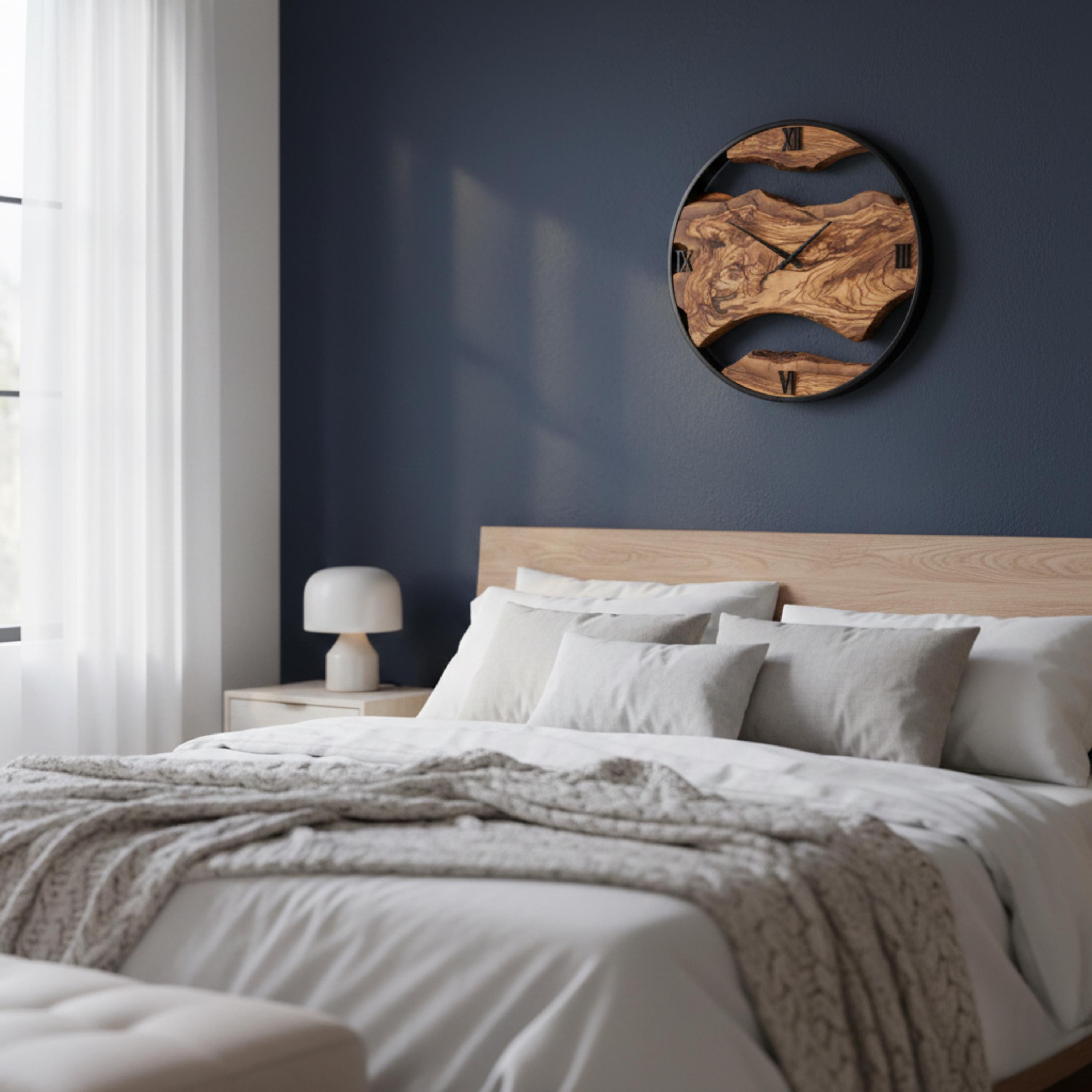 Rustic Olive Wood & Metal Wall Clock – Handmade Home Décor, Unique Housewarming Gift