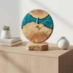 Handmade Olive Wood Desk Clock, Blue Epoxy Resin, Rustic Decor