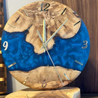 Handmade Olive Wood Desk Clock, Blue Epoxy Resin, Rustic Decor