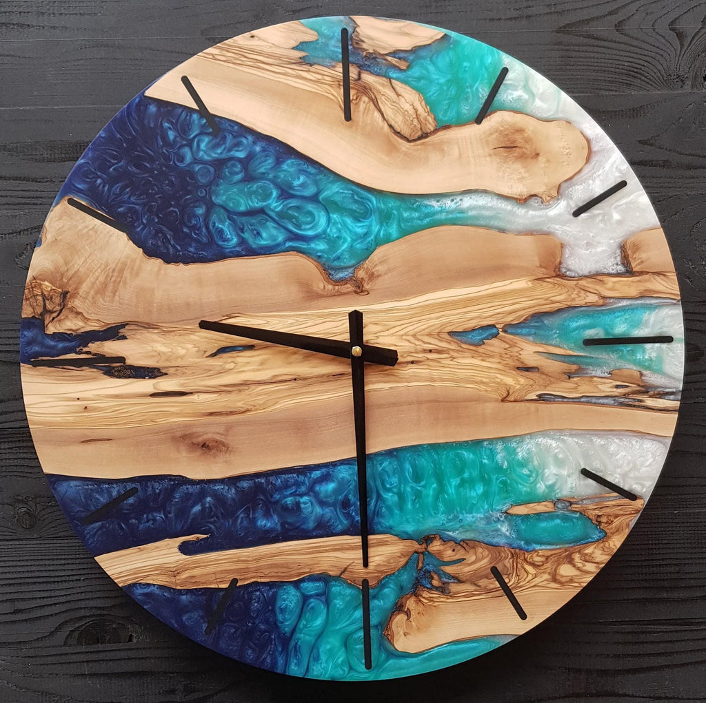 Custom Resin & Olive Wood Wall Clock, Made to Order Live Edge Epoxy Clock, Rustic Olive Wood Wall Art Gift