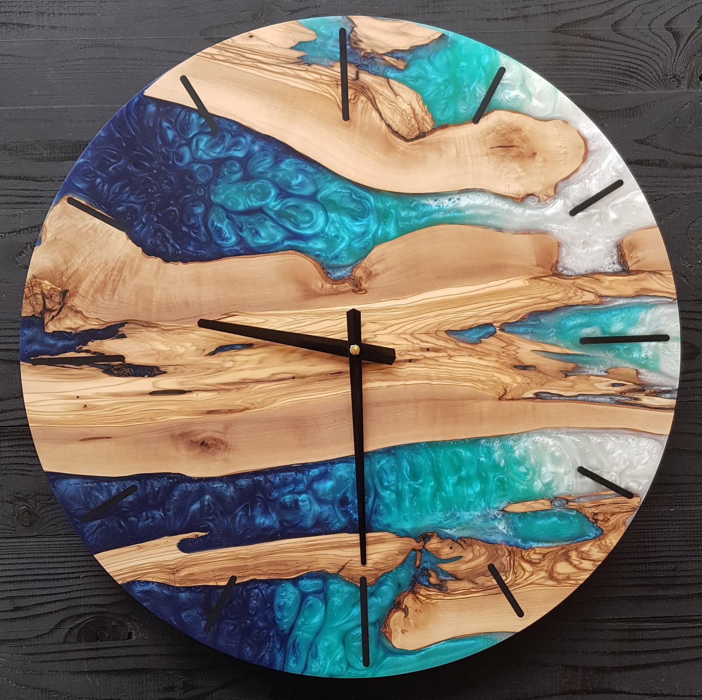Custom Resin & Olive Wood Wall Clock, Made to Order Live Edge Epoxy Clock, Rustic Olive Wood Wall Art Gift