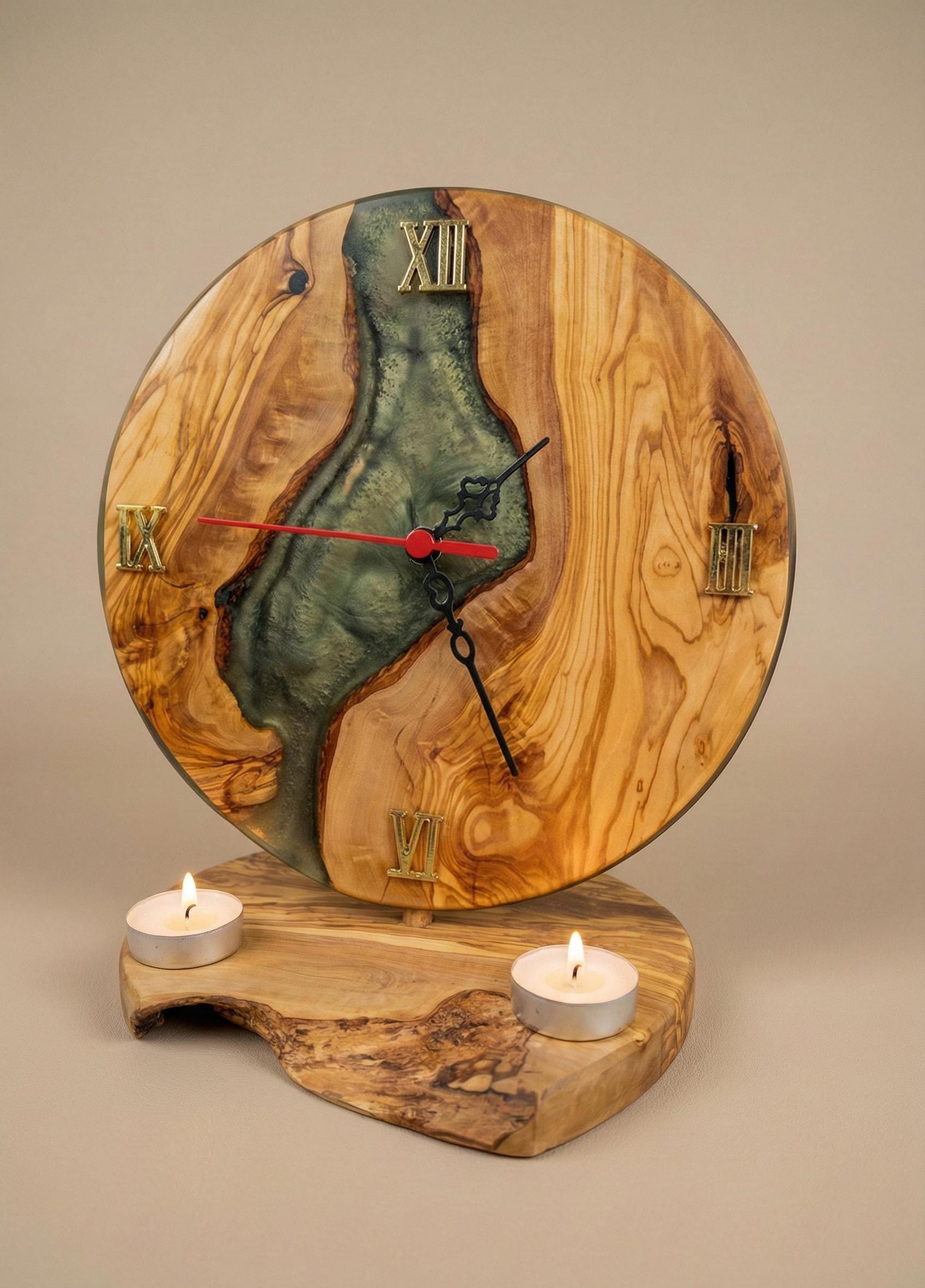 Handmade Olive Wood Epoxy Resin Desk Clock, Rustic Roman Numeral Timepiece
