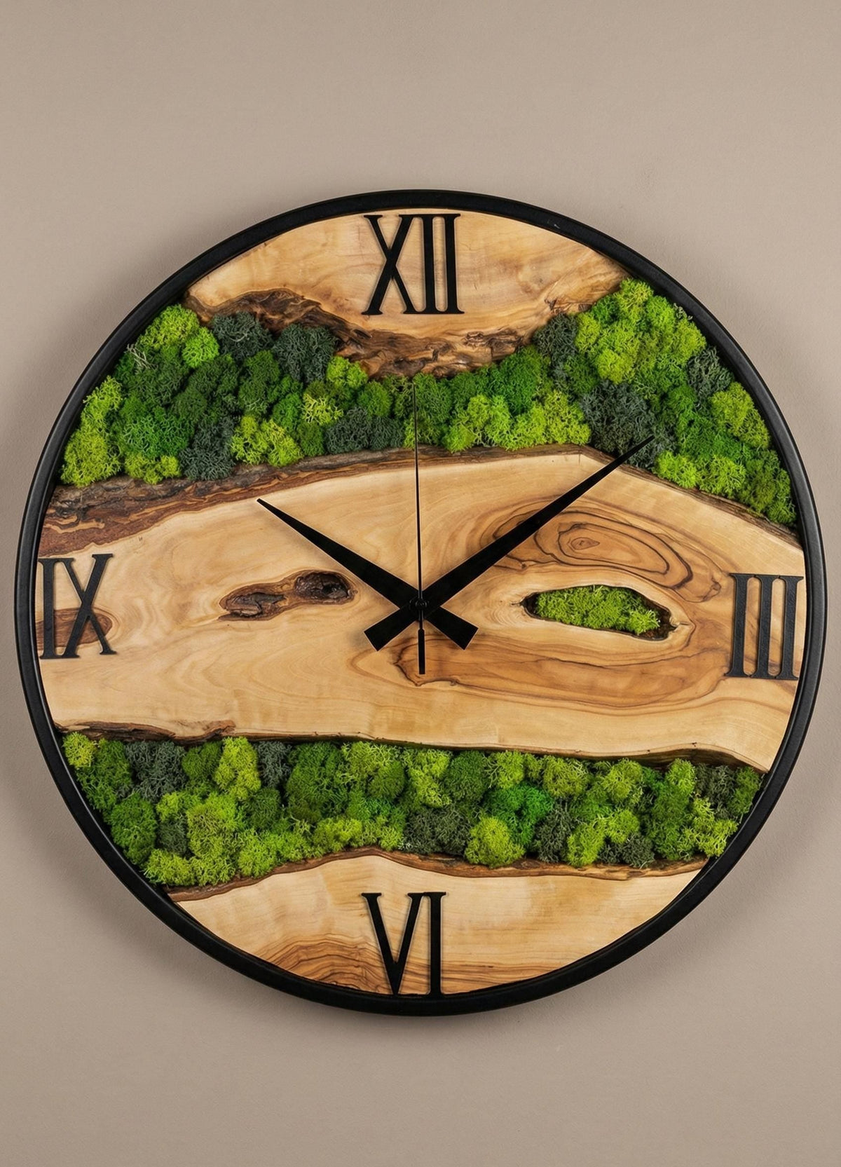 Handmade Olive Wood & Moss Wall Clock – Rustic Modern Decor