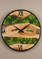 Handmade Olive Wood & Moss Wall Clock – Rustic Modern Decor