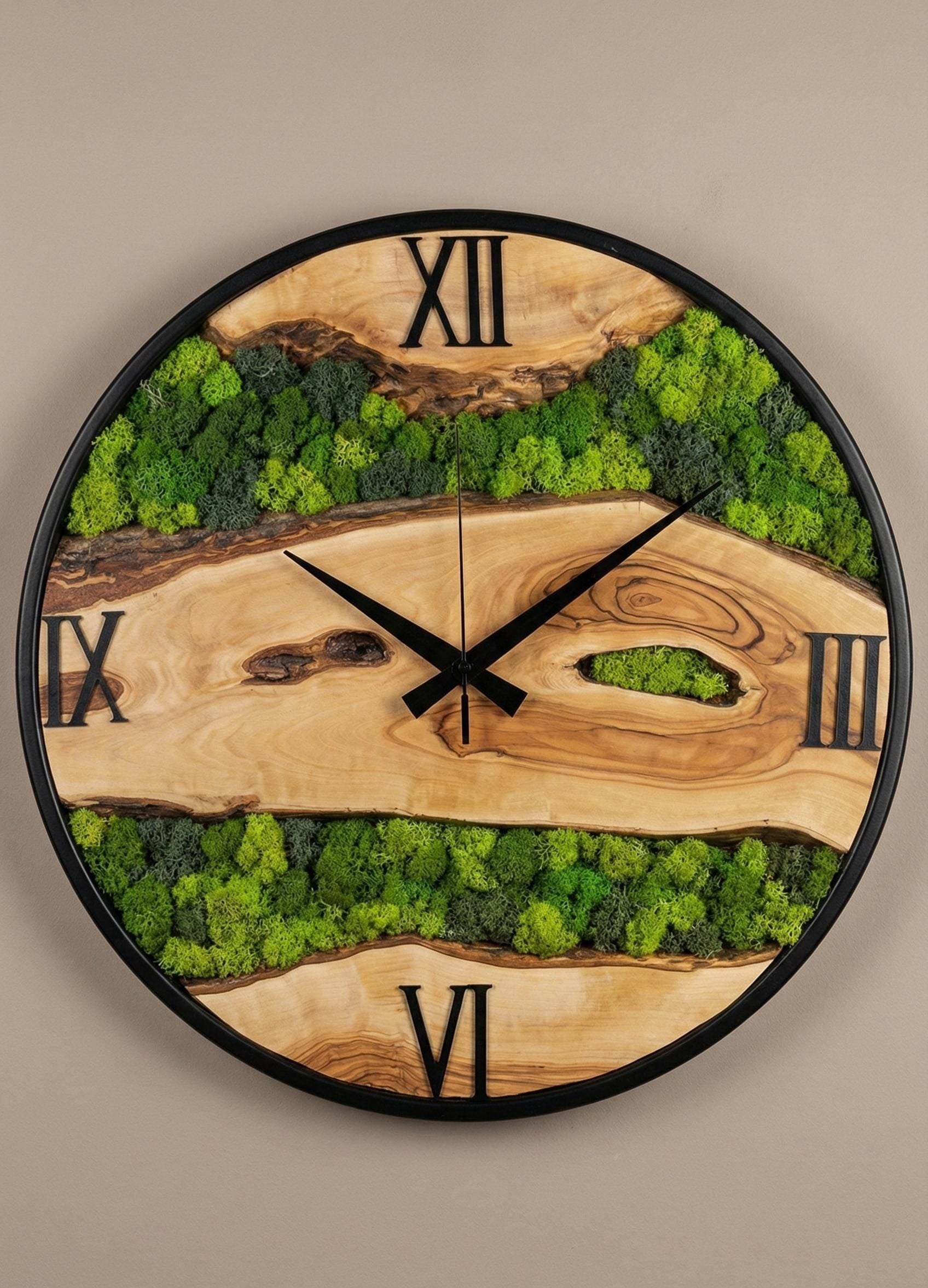 Handmade Olive Wood & Moss Wall Clock – Rustic Modern Decor