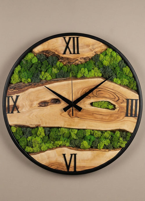 Handmade Olive Wood & Moss Wall Clock – Rustic Modern Decor