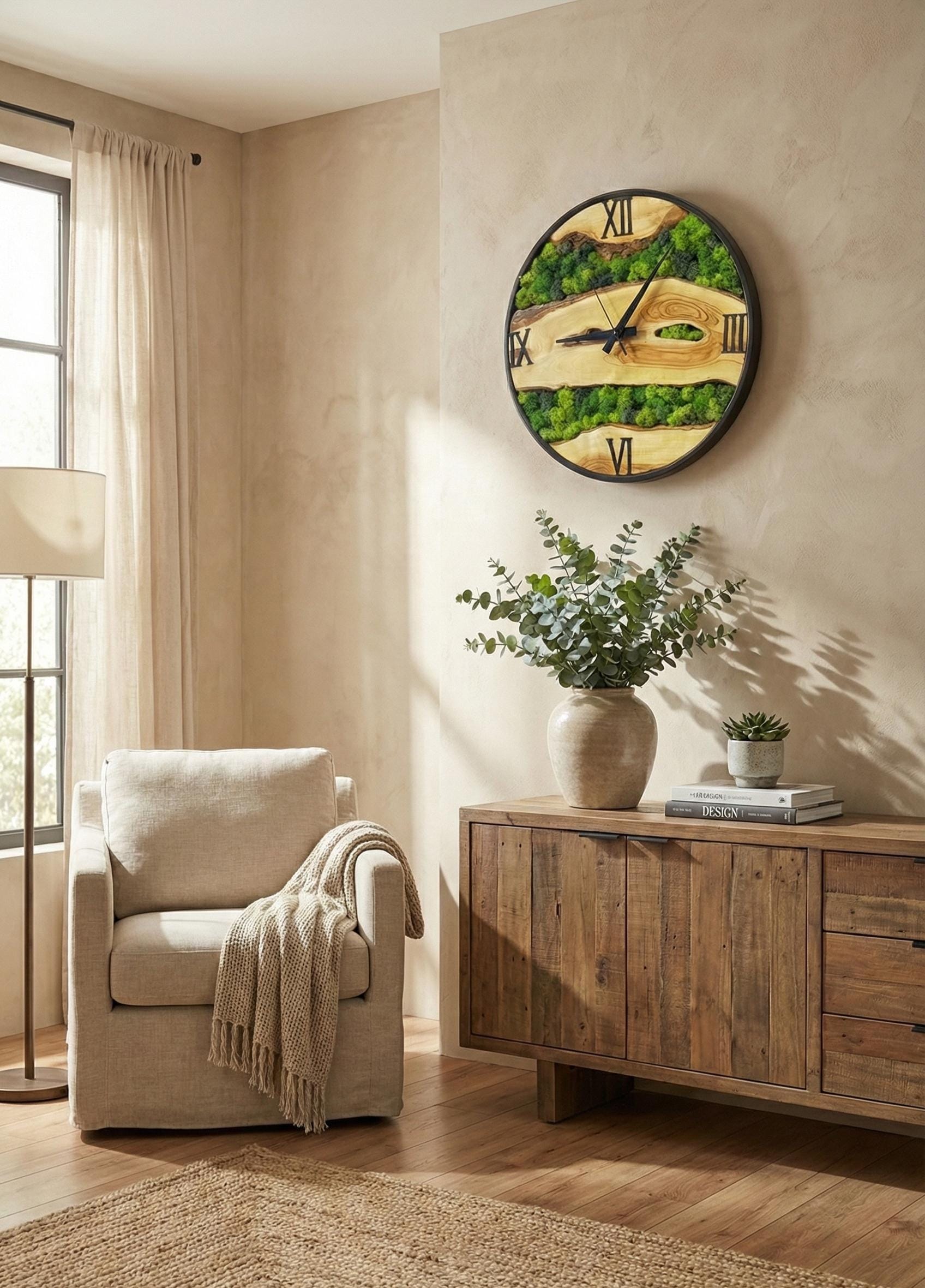Handmade Olive Wood & Moss Wall Clock – Rustic Modern Decor