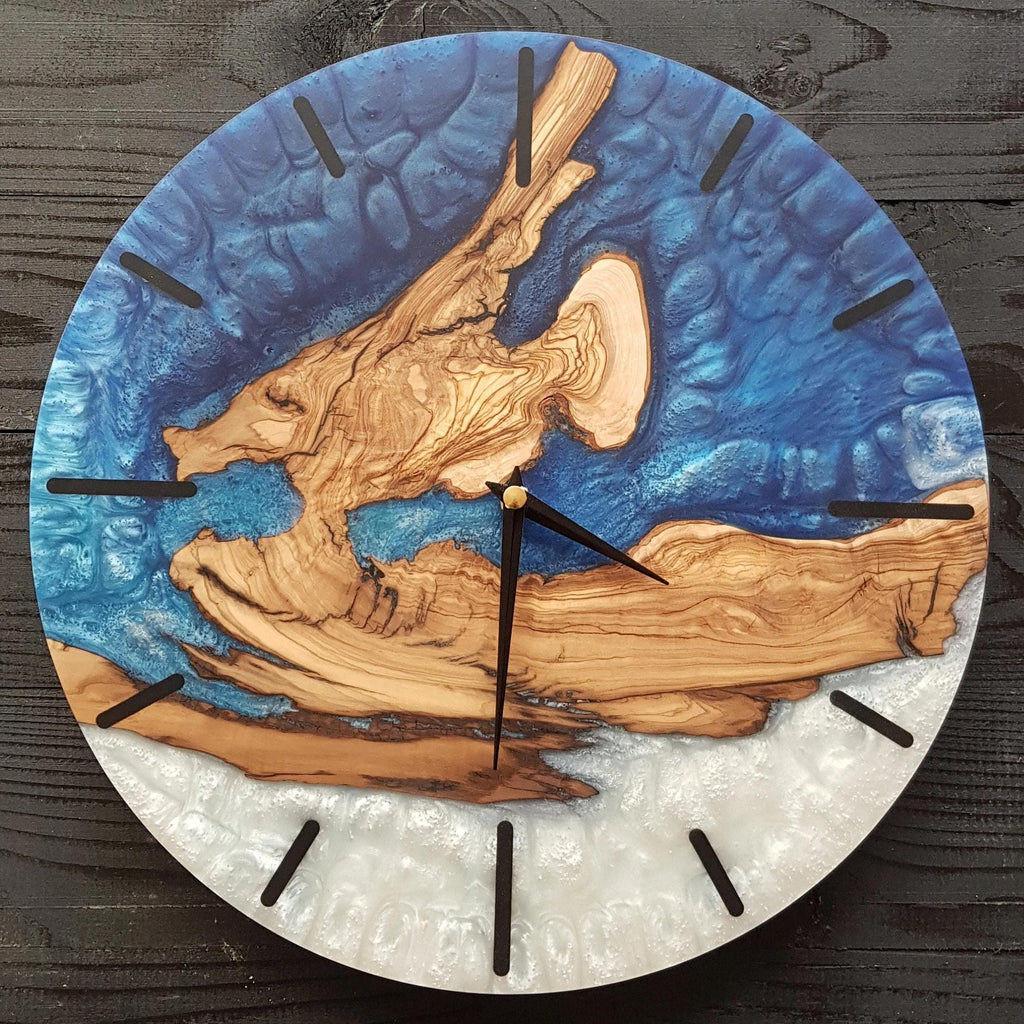 Custom Resin & Olive Wood Wall Clock, Made to Order Live Edge Epoxy Clock, Rustic Olive Wood Wall Art Gift