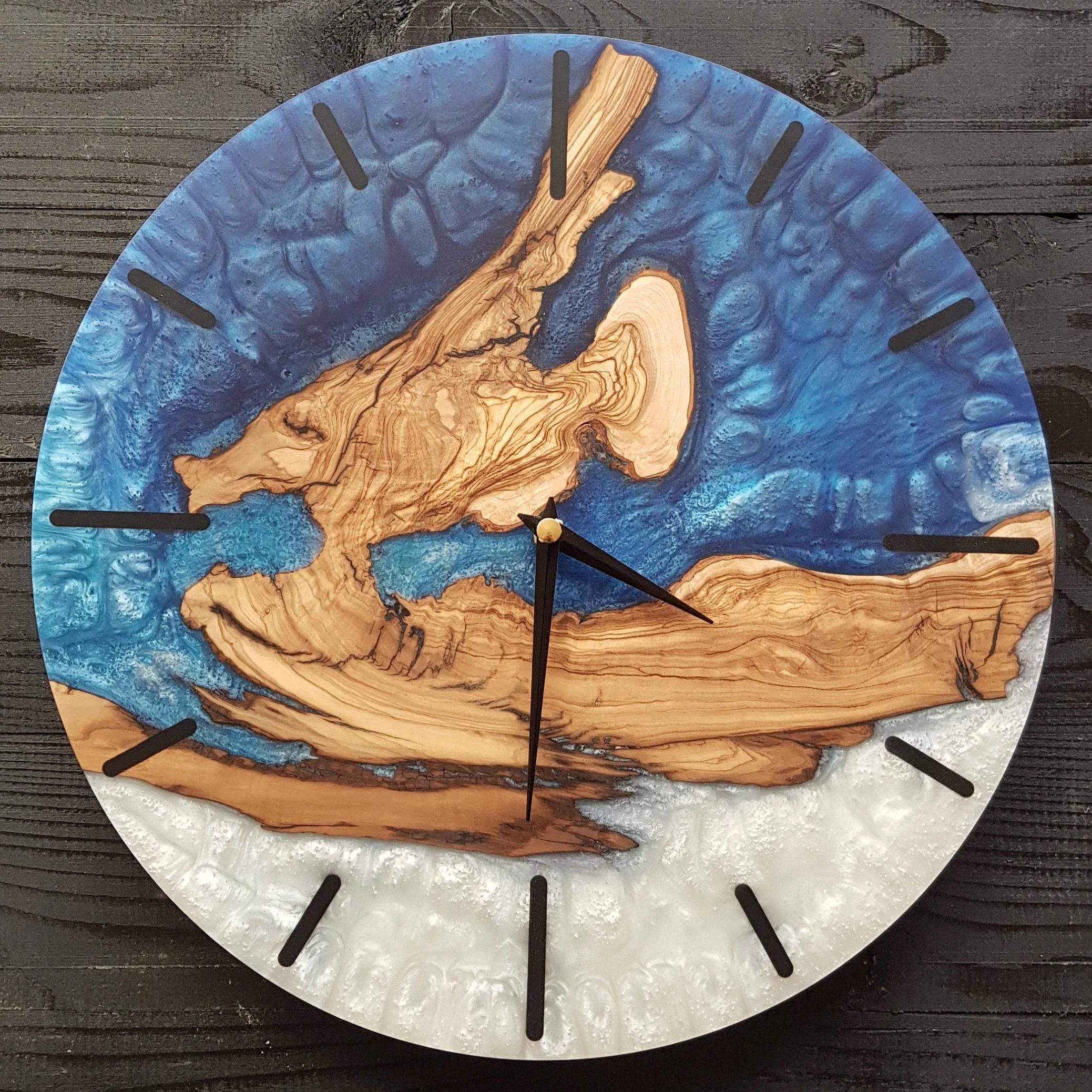 Custom Resin & Olive Wood Wall Clock, Made to Order Live Edge Epoxy Clock, Rustic Olive Wood Wall Art Gift