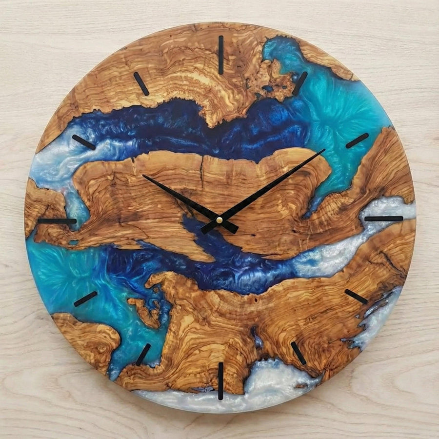 Custom Resin & Olive Wood Wall Clock, Made to Order Live Edge Epoxy Clock, Rustic Olive Wood Wall Art Gift