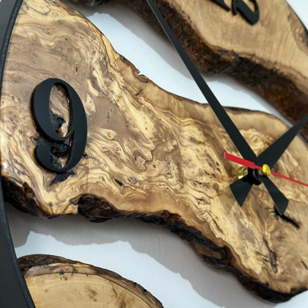 Handmade Olive Wood Wall Clock, Live Edge Rustic Modern Home Decor, Unique Natural Design