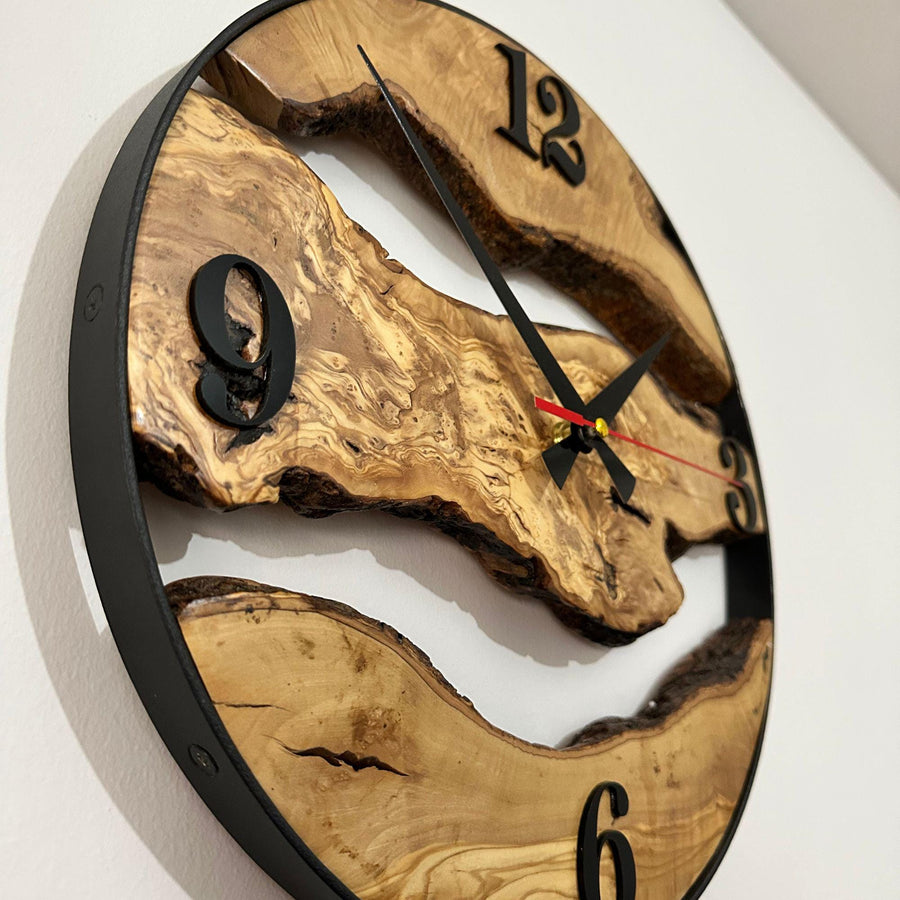 Handmade Olive Wood Wall Clock, Live Edge Rustic Modern Home Decor, Unique Natural Design