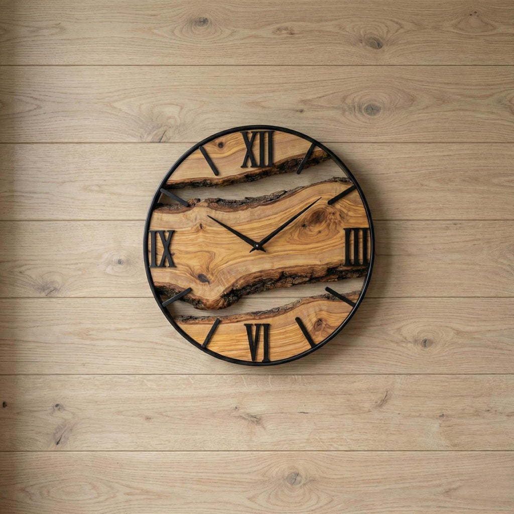 Handmade Olive Wood Live Edge Wall Clock, Rustic Home Decor
