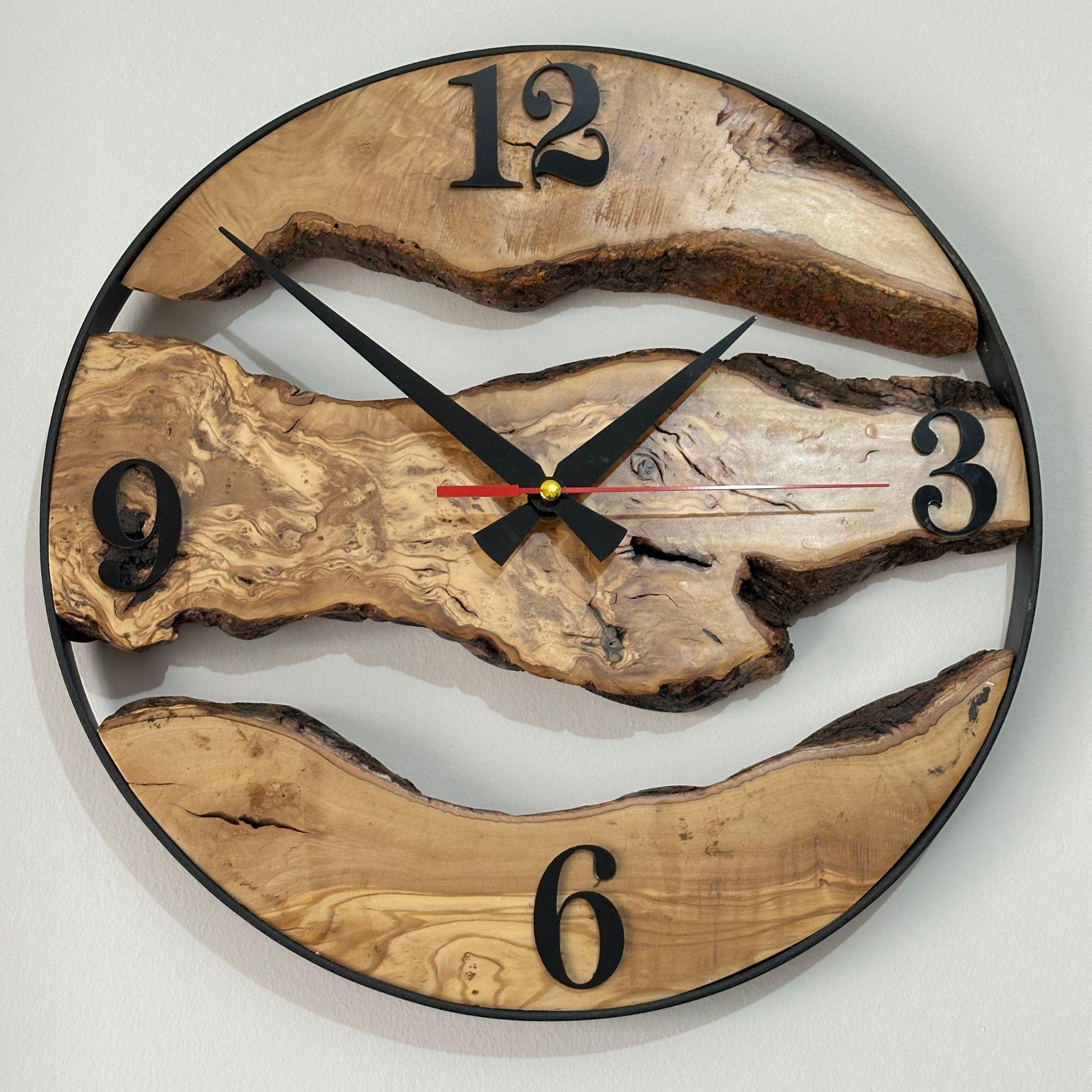 Handmade Olive Wood Wall Clock, Live Edge Rustic Modern Home Decor, Unique Natural Design