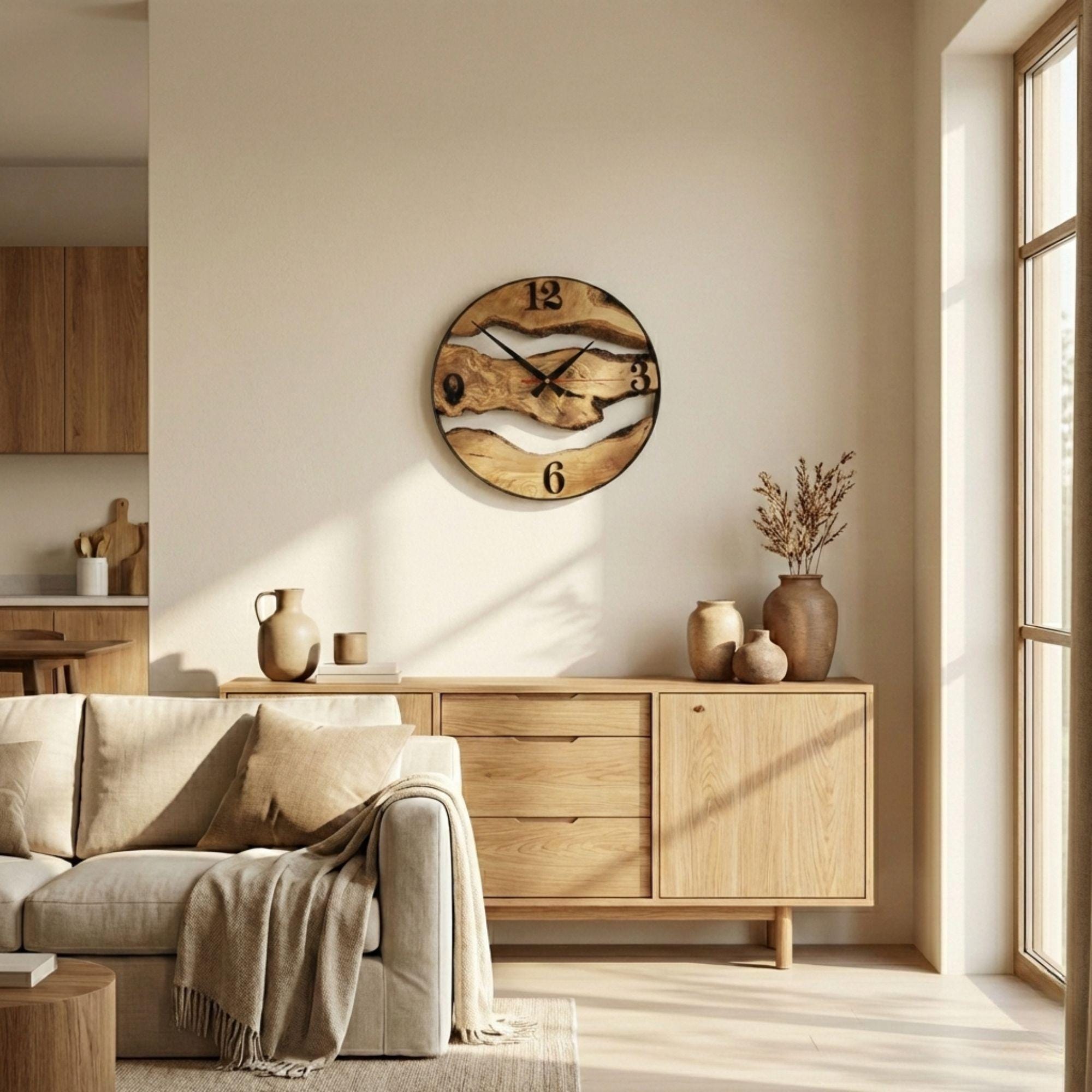 Handmade Olive Wood Wall Clock, Live Edge Rustic Modern Home Decor, Unique Natural Design