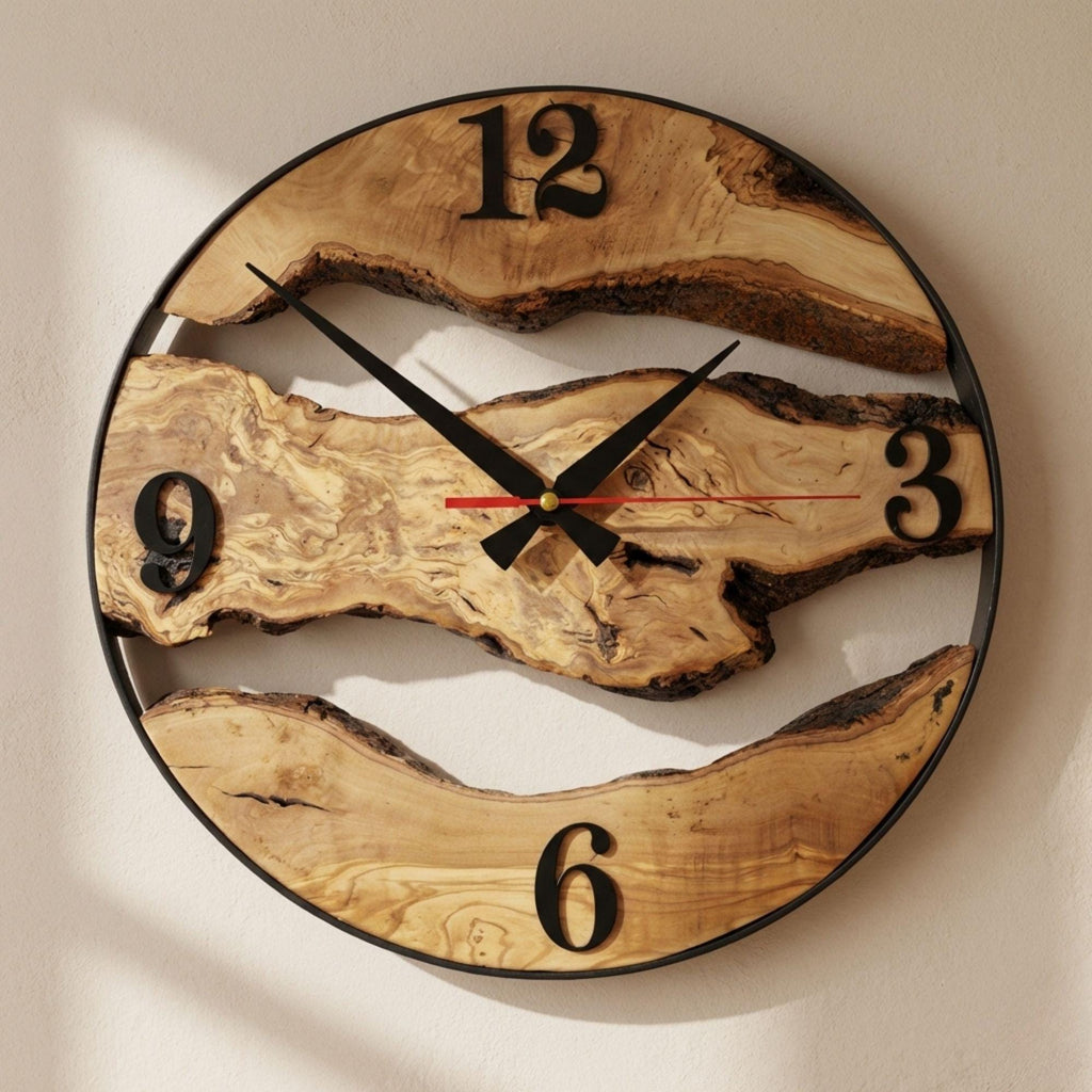 Handmade Olive Wood Wall Clock, Live Edge Rustic Modern Home Decor, Unique Natural Design