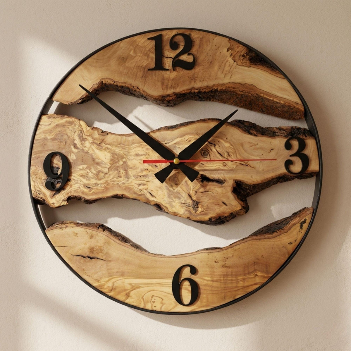 Handmade Olive Wood Wall Clock, Live Edge Rustic Modern Home Decor, Unique Natural Design