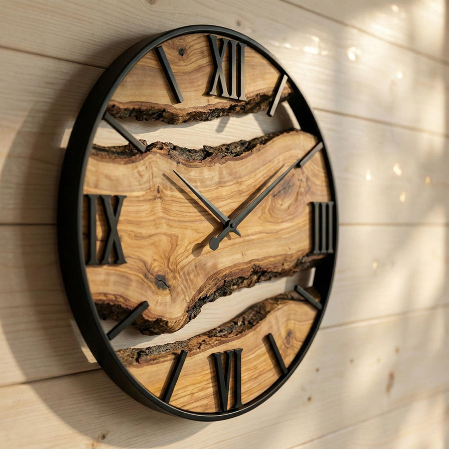 Handmade Olive Wood Live Edge Wall Clock, Rustic Home Decor