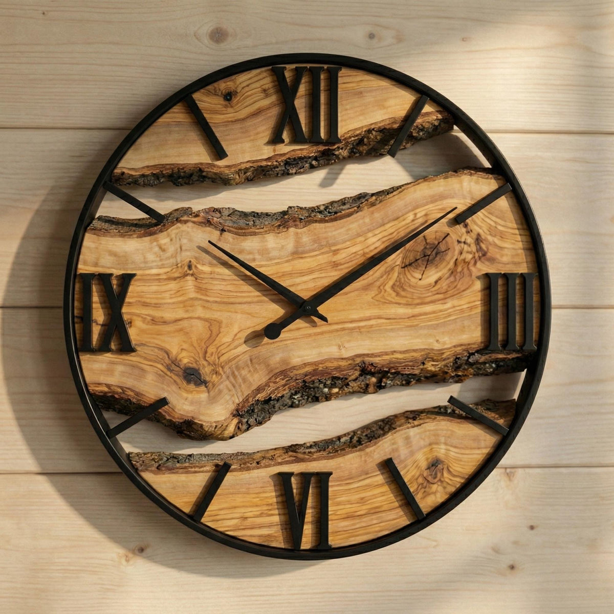 Handmade Olive Wood Live Edge Wall Clock, Rustic Home Decor