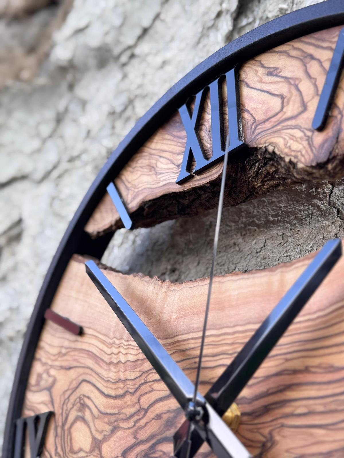 Handcrafted Olive Wood Wall Clock: Natural Grain, Silent Quartz Movement