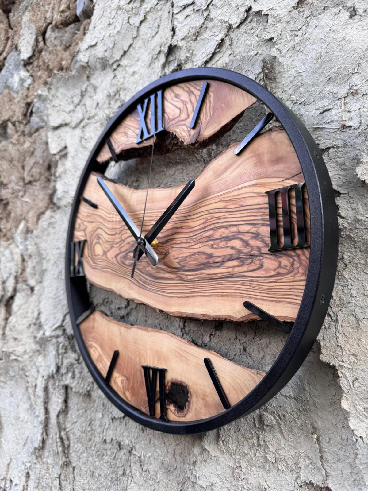 Handcrafted Olive Wood Wall Clock: Natural Grain, Silent Quartz Movement