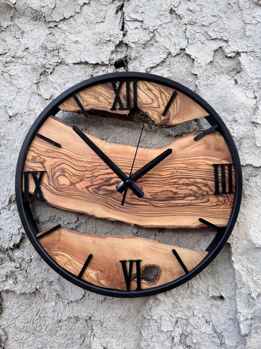 Handcrafted Olive Wood Wall Clock: Natural Grain, Silent Quartz Movement