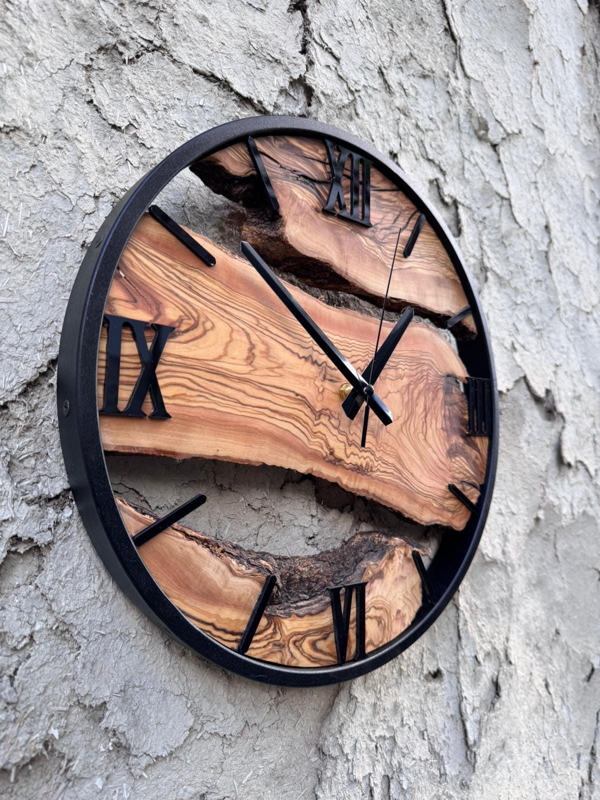 Live Edge Olive Wood Clock with Black Frame, Rustic Wooden Decor