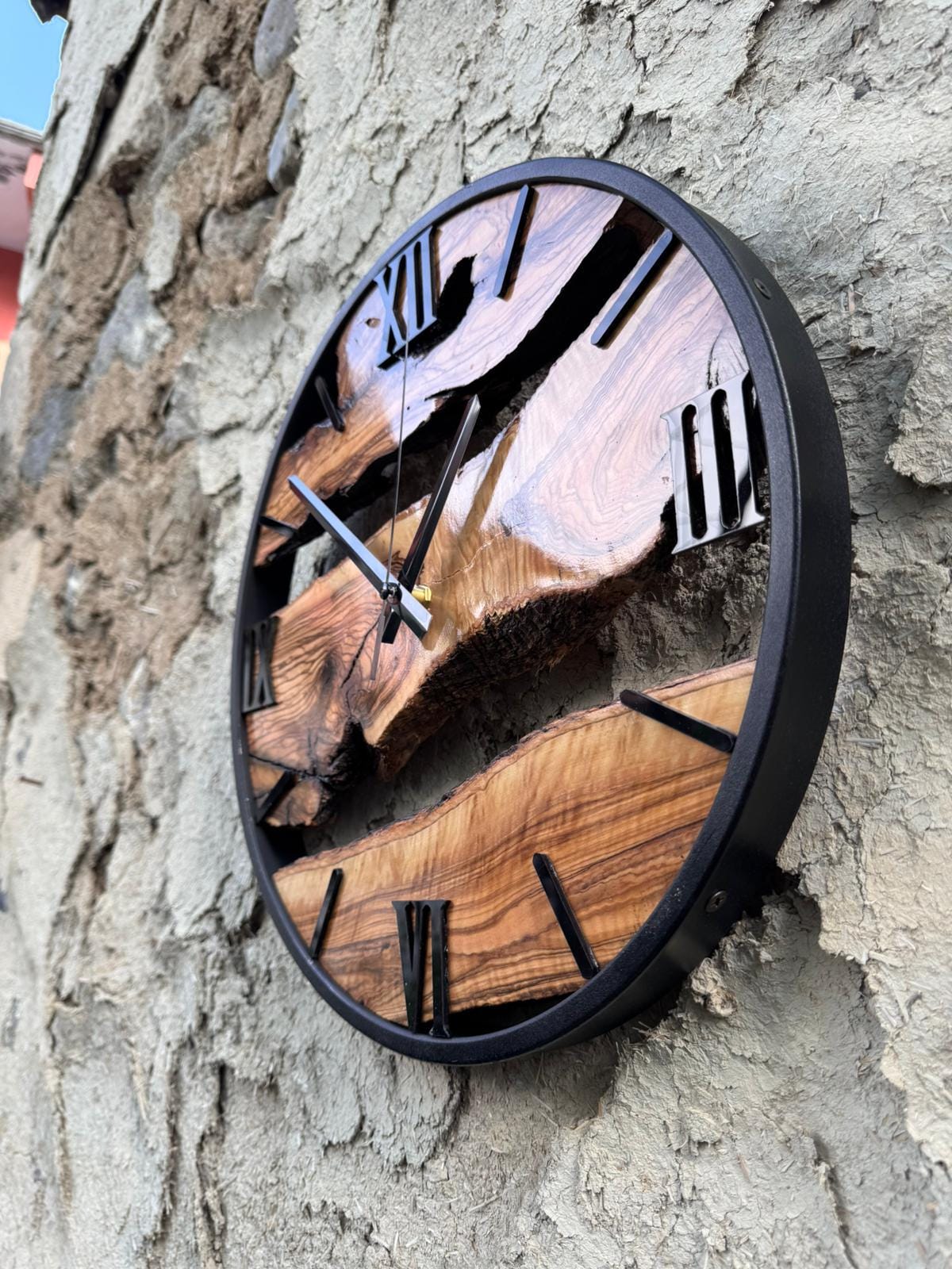 Handmade Olive Wood Clock, Live Edge Wooden Clock with Metal Frame