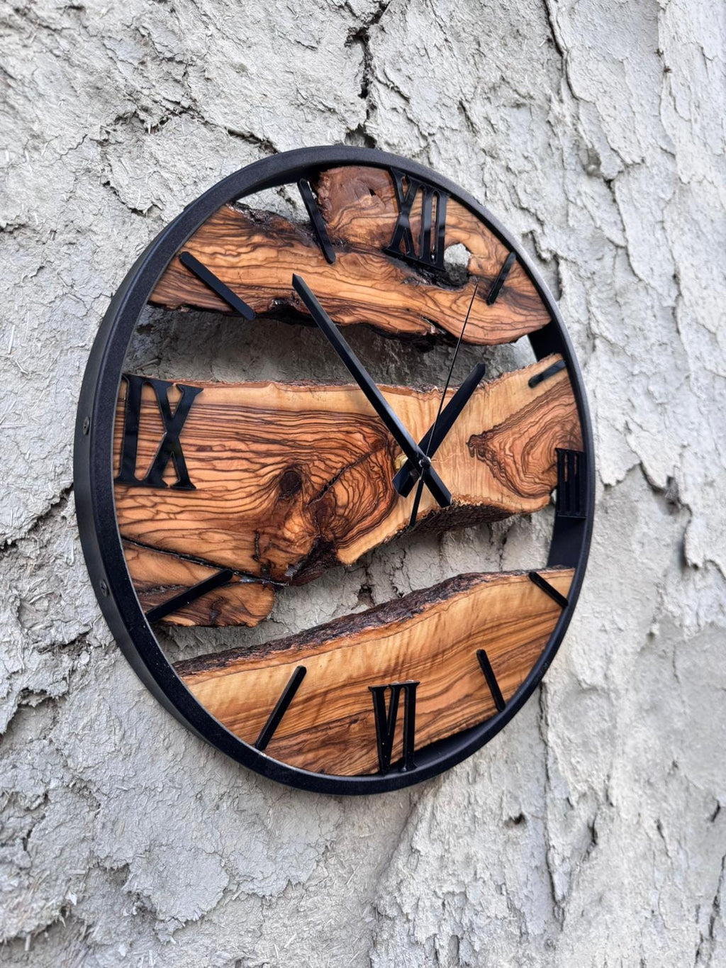 Handmade Olive Wood Clock, Live Edge Wooden Clock with Metal Frame