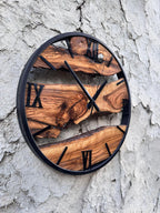Handmade Olive Wood Clock, Live Edge Wooden Clock with Metal Frame