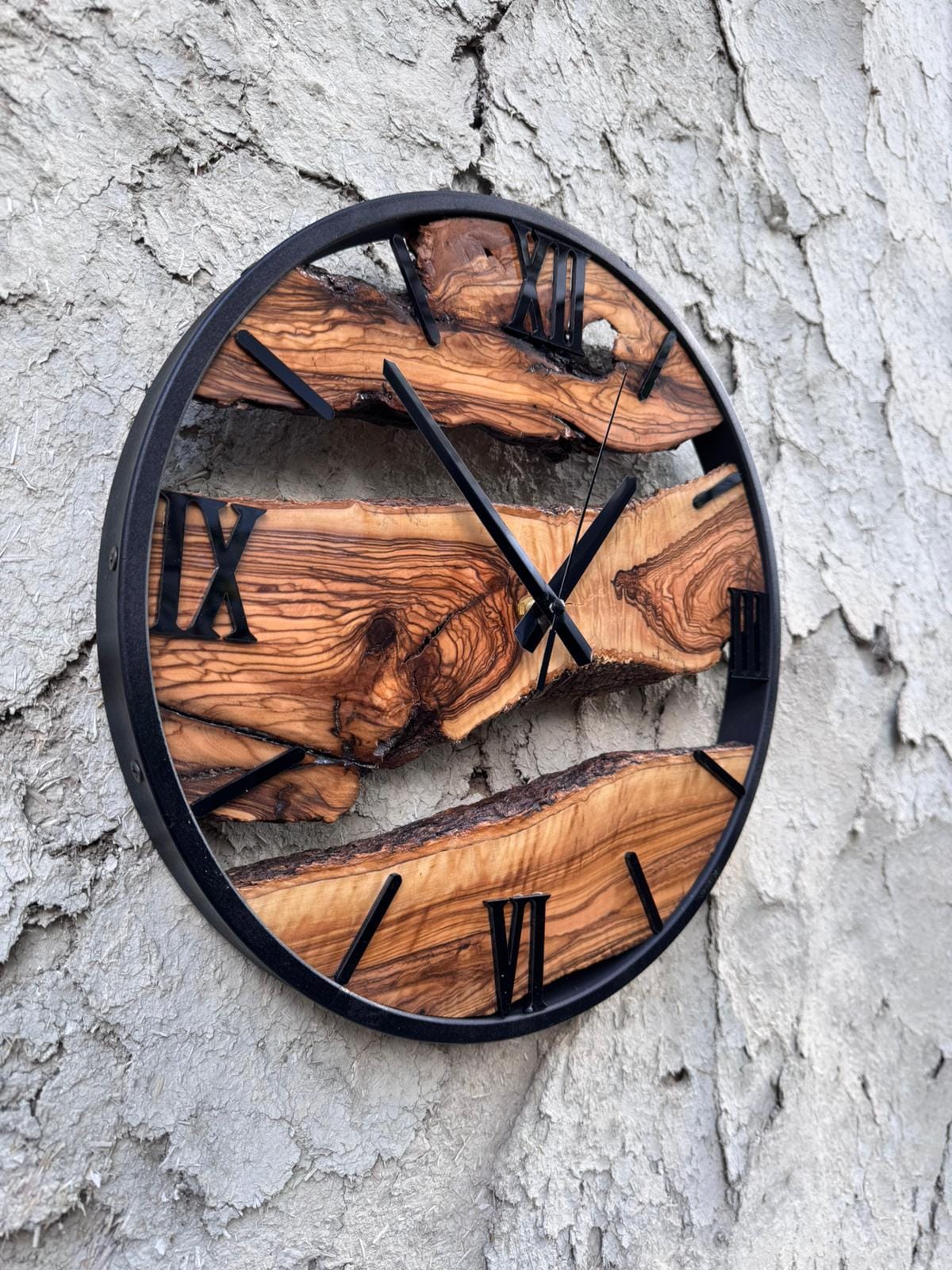 Handmade Olive Wood Clock, Live Edge Wooden Clock with Metal Frame
